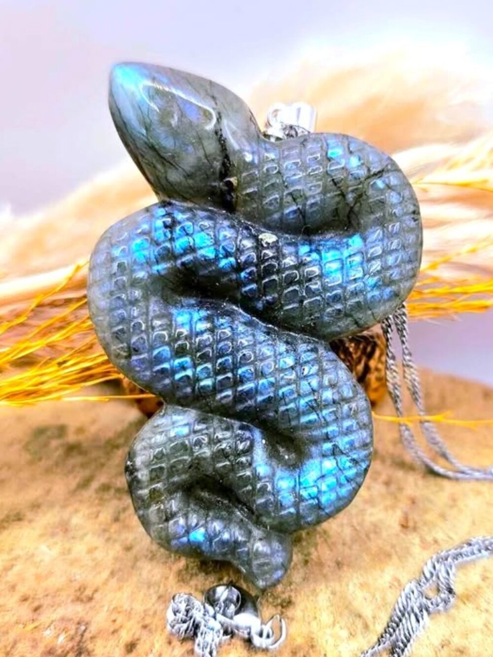 Natural Labradorite Big Snake Pendant Necklace • Strong Flash • Snake Pendant